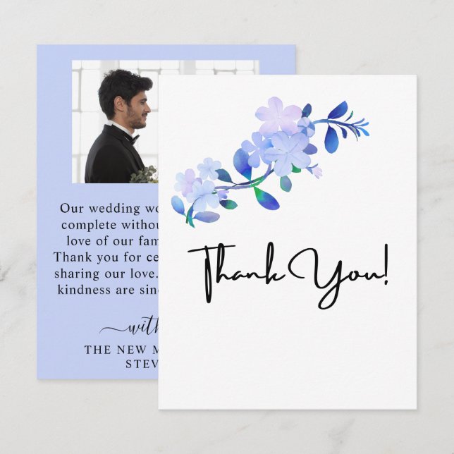 rustika blå vattenfärgblomma & blad tack kort (Fram/baksida)