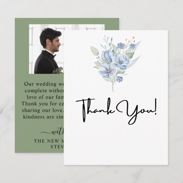 rustika blå vattenfärgblommor & blad med dammigt i tack kort (Fram/baksida)