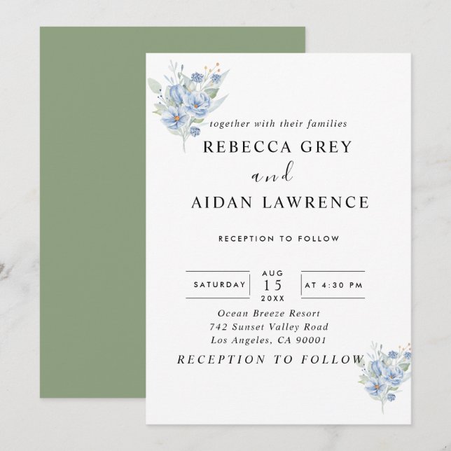 rustika blå vattenfärgblommor & blad med dammigt u inbjudningar (Fram/baksida)