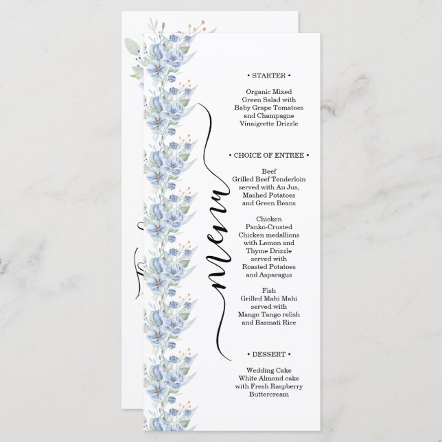 rustika blå vattenfärgblommor & blad med dammigt u meny (Fram/baksida)