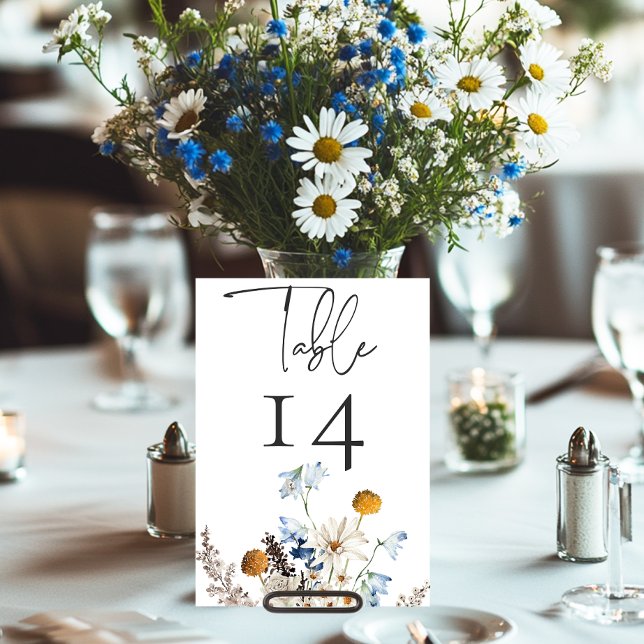 Rustika Blå Vilda Blommor & Prästkragar Bröllopsdu Bordsnummer (Skapare uppladdad)