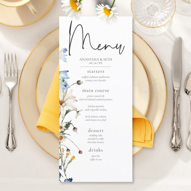 Rustika Blå Vilda Blommor & Prästkragar Lång Meny (Rustic Dusty Blue Wildflowers & Daisies Long Wedding Menu)