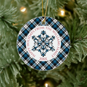 Rustika Blå Vita Svarta Tartan Rutor Snöflingor Julgransprydnad Keramik
