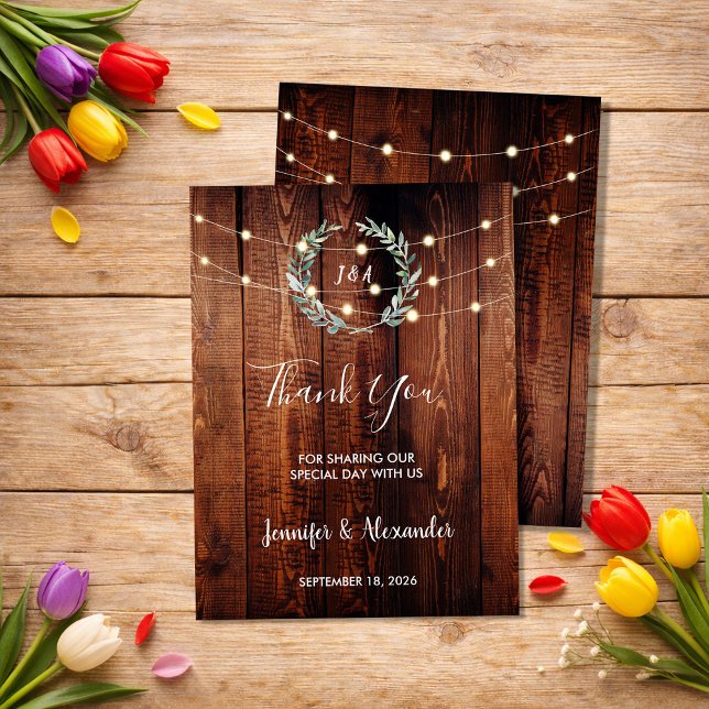 Rustika bladslingor Tackkort för bröllop (Rustic leaves string lights Thank you wedding card. Beautiful card to say thank you to your guests.)