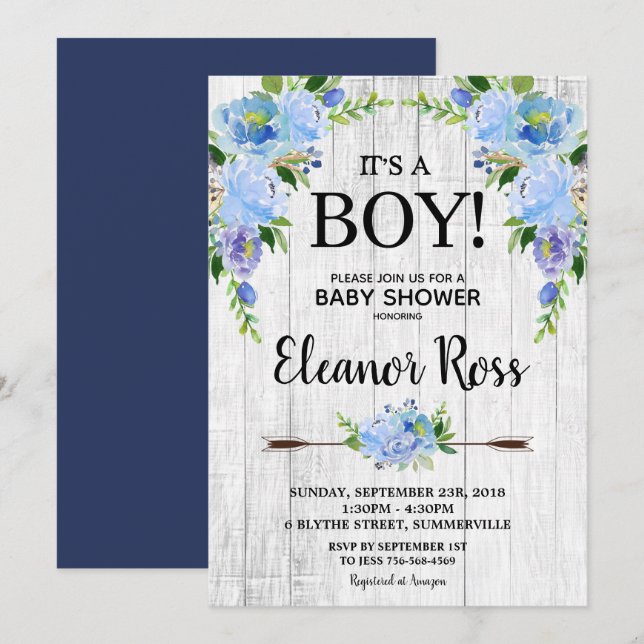 Rustika Blommande Baby Shower Blommor Pojke Inbjudningar (Fram/baksida)