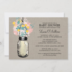 Rustika blommor i burlapvas baby shower inbjudningar