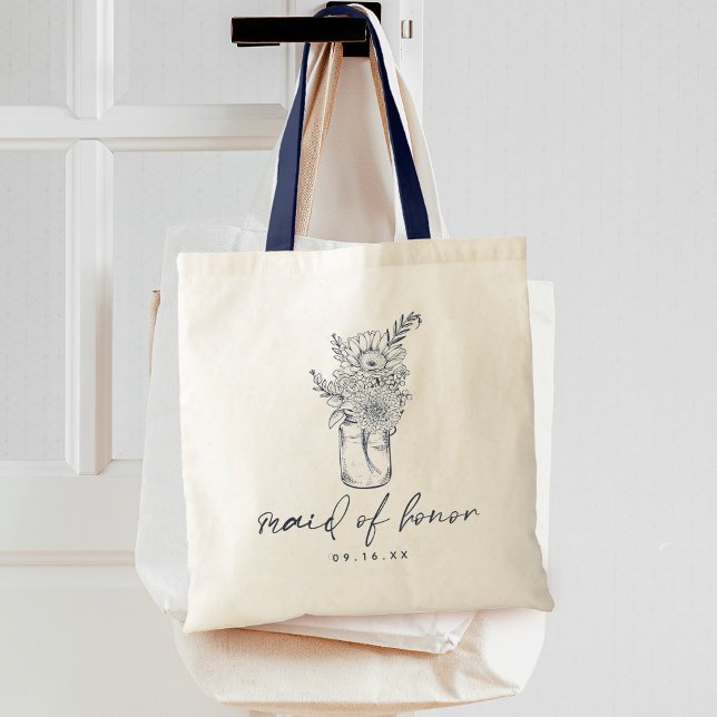 Rustika blommor Murad glas kalligrafi brudtjänstef Tygkasse (Rustic Flowers Mason Jar Calligraphy Maid of Honor Tote Bag)