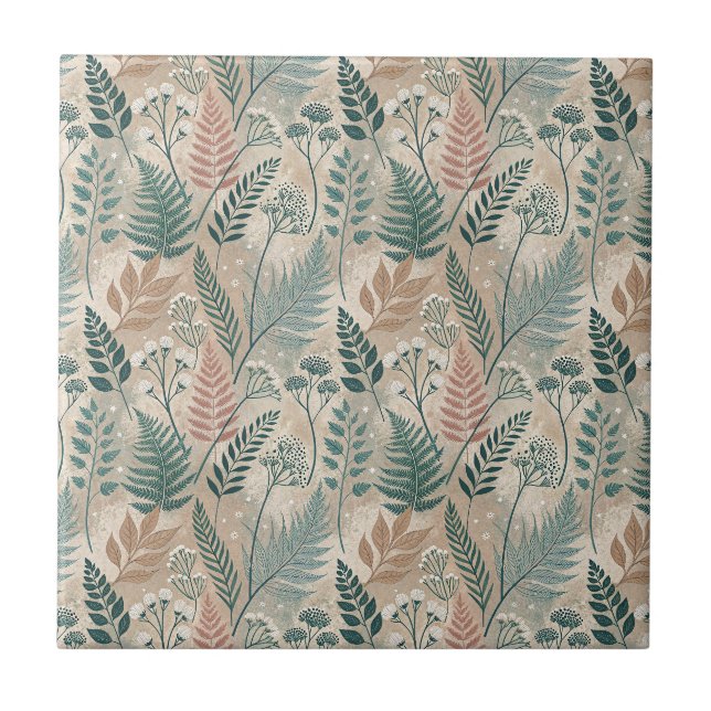 Rustika blommor & ormbunksblad Botanisk design Kakelplatta (Framsidan)