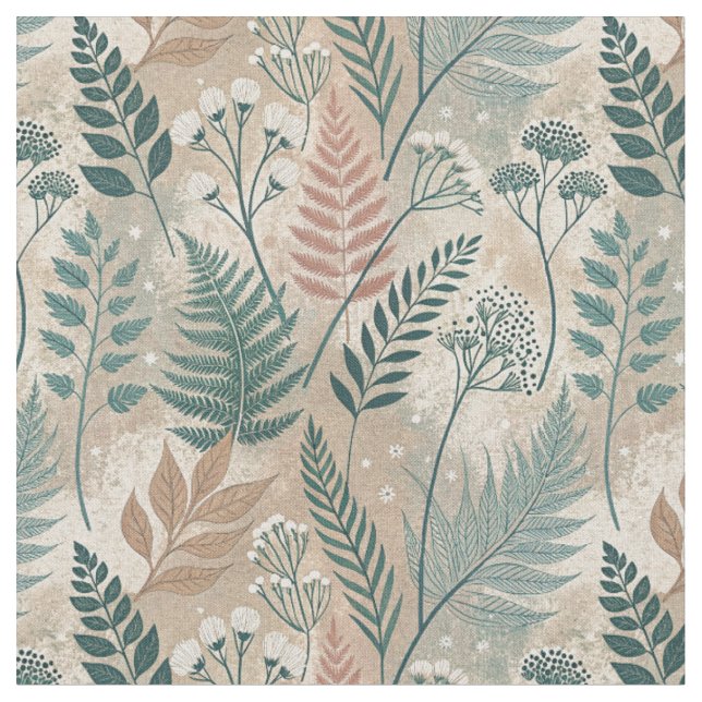 Rustika blommor & ormbunksblad Botanisk design Tyg (Närbild)