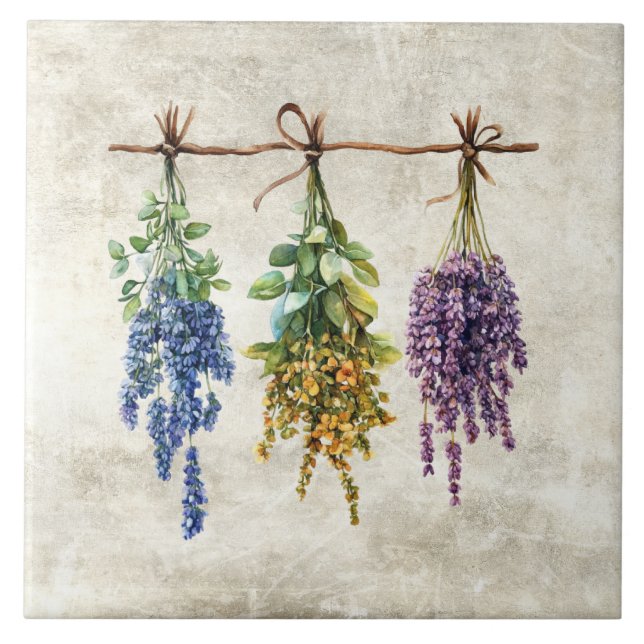 Rustika blommor örter med tvistsnöre design kakelplatta (Framsidan)