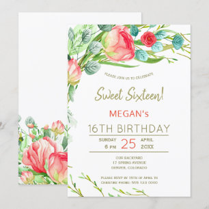Rustika blommor vattenfärg modern sweet sixteen inbjudningar