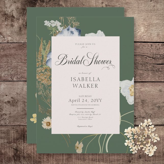 Rustika Blomster på Grön Bröllopsfest Inbjudningar (Rustic Wildflowers on Sage Green Bridal Shower Invitation)
