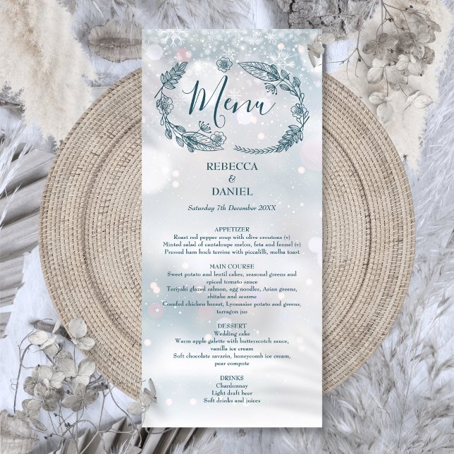 Rustika blomster snöflingor vinterbröllop meny (Rustic Floral Snowflakes Winter Wedding Menu)