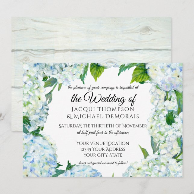 Rustika Blue - White Hydrangea WAN Blommigt Wood Inbjudningar (Fram/baksida)