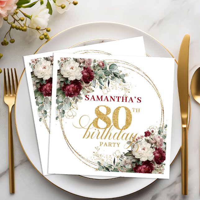 Rustika Boho Burgunder Blommiga Födelsedagsservett Pappersservett (Rustic Boho Burgundy Floral 80th Birthday Napkins)