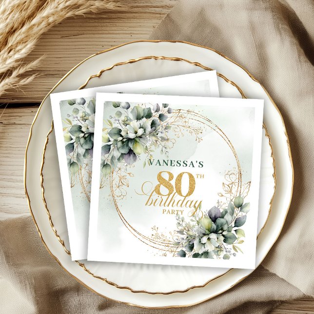 Rustika Boho Eucalyptus Gröna 80-års Födelsedags S Pappersservett (Rustic Boho Eucalyptus Green 80th Birthday Napkins)