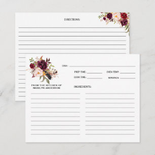Rustika Boho Marsala Burgundy Blommiga Receptkort