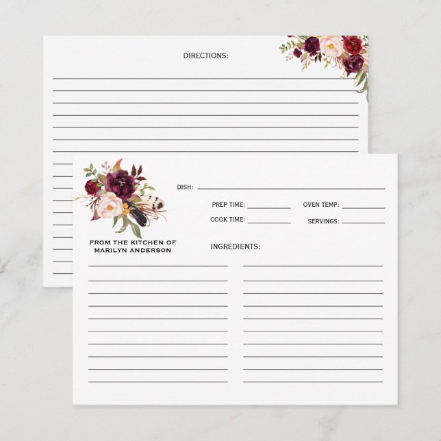Rustika Boho Marsala Burgundy Blommiga Receptkort (Fram/baksida)