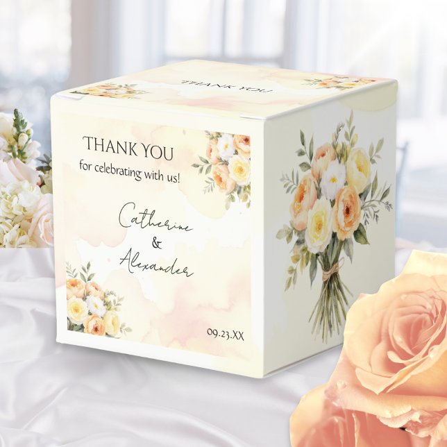 Rustika Boho-vattenfärgrosor Bröllop Tack Presentaskar (A pretty wedding favor box, with peach, white and yellow rose flowers design in a watercolor style)