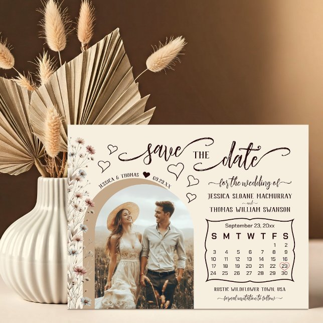 Rustika Boho Vildblommor Foto & Kalender Bröllop Spara Datumet (Skapare uppladdad)