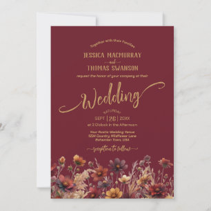 Rustika Borgröda Boho Vilda Blommor Elegant Bröllo Inbjudningar
