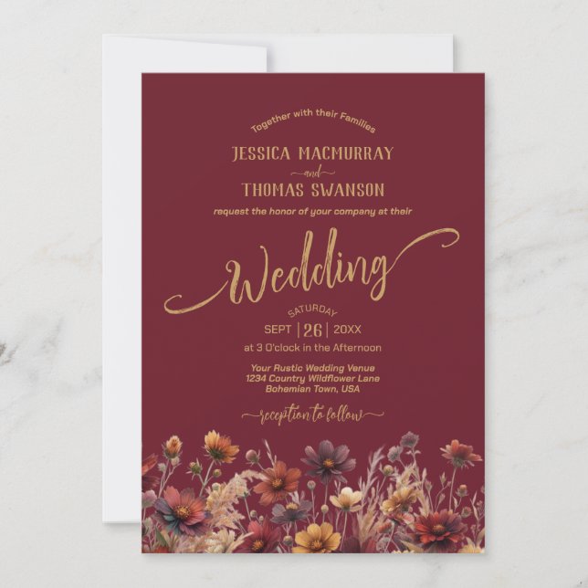 Rustika Borgröda Boho Vilda Blommor Elegant Bröllo Inbjudningar (Framsida)