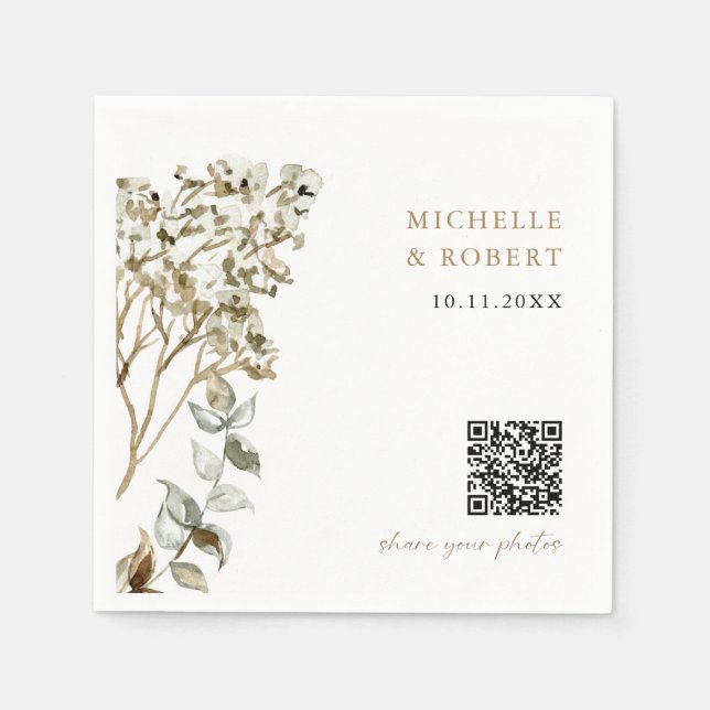 Rustika Botaniska QR-kod Dela dina foton Bröllop Pappersservett (Framsidan)