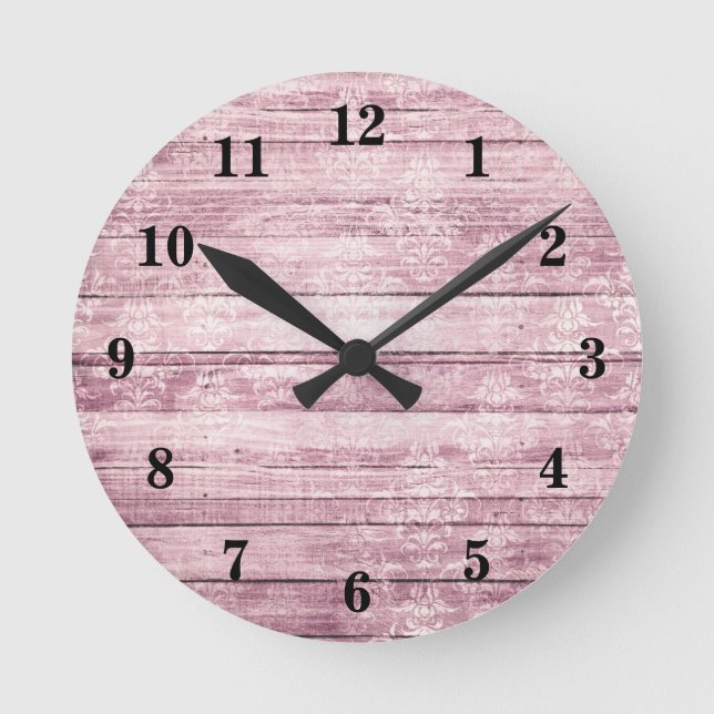 Rustika Brädor i Shabby Rosa Trä med Patina Rund Klocka (Framsida)