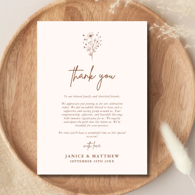 Rustika Brända Orange Boho Botaniska Höstbröllop Tack Kort (Burnt orange boho thank you card adds warm charm and heartfelt gratitude to your fall wedding notes)
