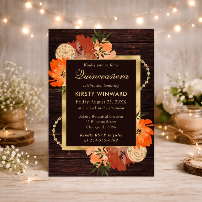 Rustika Brända Orange Höstblommor Quinceanera Inbjudningar (Skapare uppladdad)