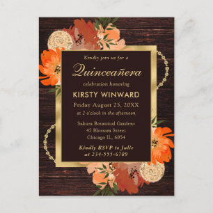 Rustika Brända Orange Höstblommor Quinceanera Vykort