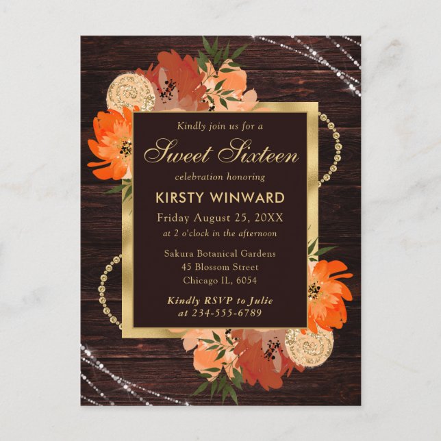 Rustika brända orange höstblommor Sweet Sixteen Vykort (Framsida)