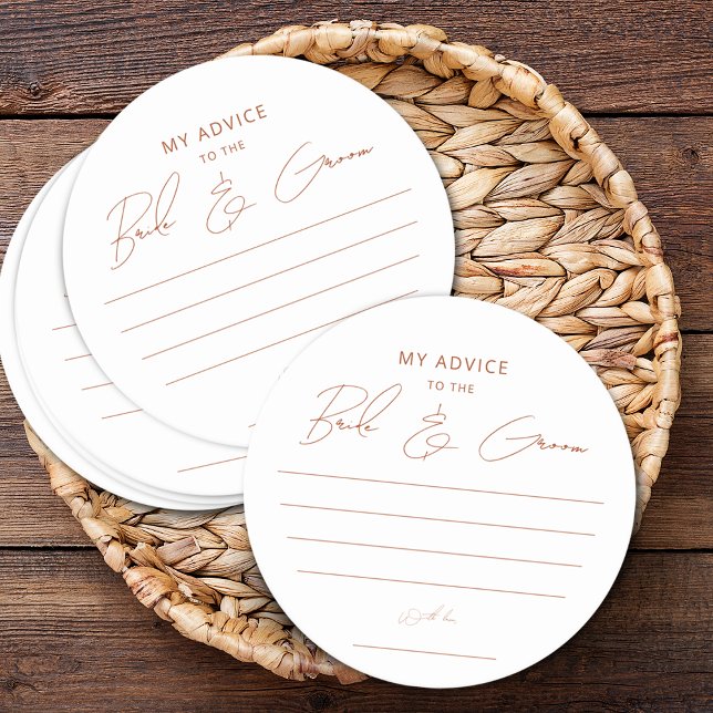 Rustika Bröllagsgåvor med Terrakotta Skriftlig Råd Underlägg Papper Rund (Rustic Terracotta Script Advice Bride Groom Favor Round Paper Coaster)