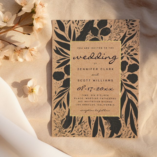 Rustika bröllop med brunt papper svart guld blommo inbjudningar (Rustic brown paper black gold floral wedding)