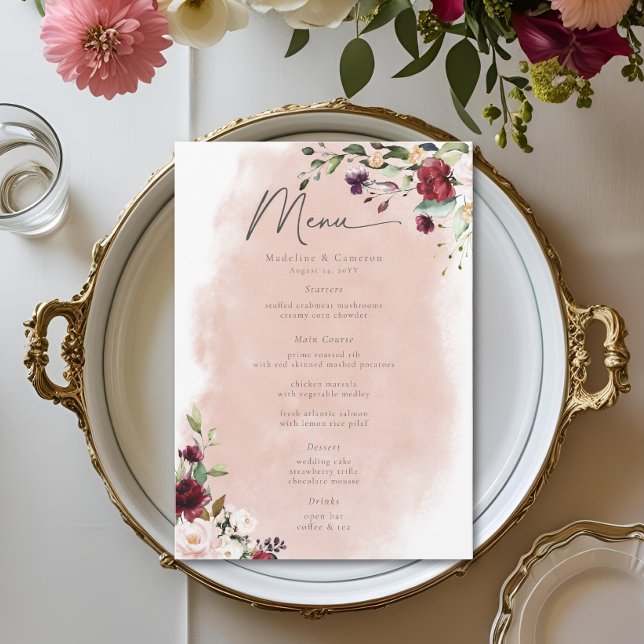 Rustika Bröllop med Burgundy och Rosa Rosor Meny (Rustic Burgundy & Blush Pink Roses Wedding Menu)