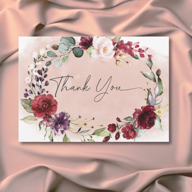 Rustika Bröllop med Burgundy och Rosa Rosor Tack Kort (Rustic Burgundy & Blush Pink Roses Wedding Thank You Card)