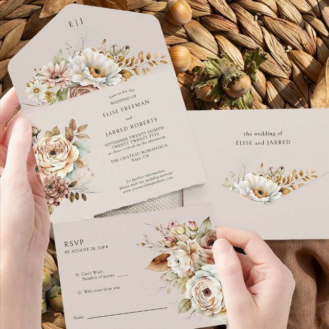 Rustika Bröllopsblommor Höst Land Blommor (Wedding Invitation with RSVP from Rustic Floral Brown Neutral Wedding Collection by Darling & May)