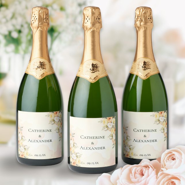 Rustika Bröllopsblommor Skräddarsydda Akvarellroso (Custom labels for your reception sparkling wine, personalized with couple's names and wedding date)