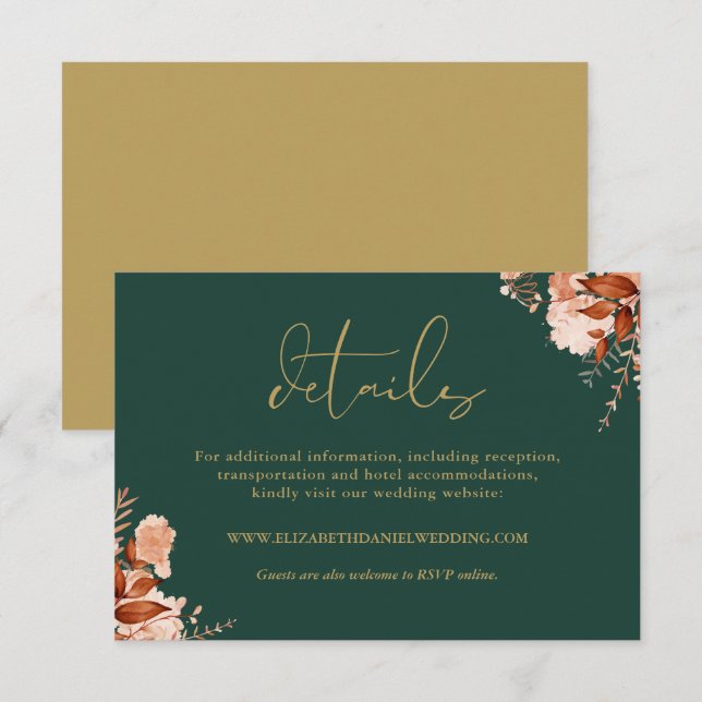 Rustika Bröllopsdetaljer i Blommor, Smaragd och Gu Tilläggskort (Fram/baksida)