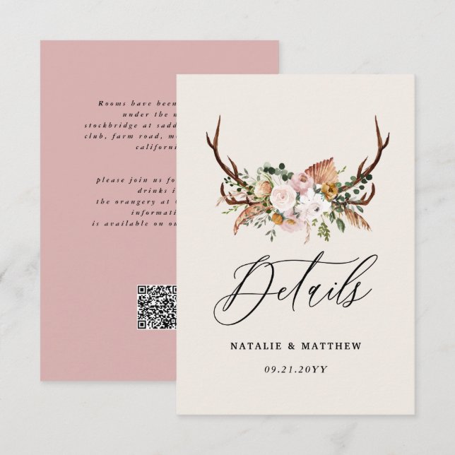 Rustika Bröllopsdetaljer med Hjorthorn och Blommor Tilläggskort (Fram/baksida)