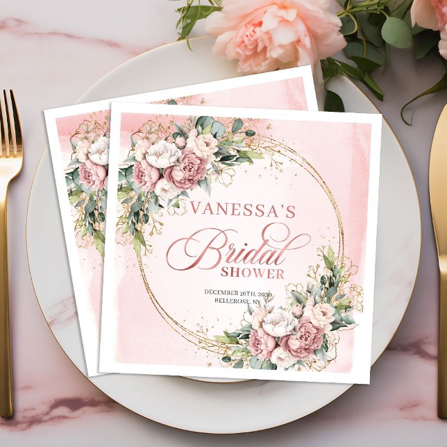 Rustika Bröllopsdusch med Vattenfärg Rosa Blommor  Pappersservett (Rustic Watercolor Dusty Pink Floral Bridal Shower Napkins)