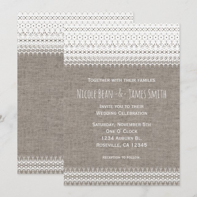 Rustika bröllopsinbjudningar med jute och spets inbjudningar (Fram/baksida)