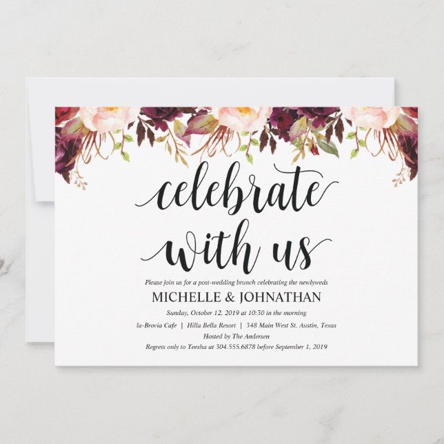 Rustika bröllopskort i burgunder efter bröllopsdag inbjudningar (Framsida)