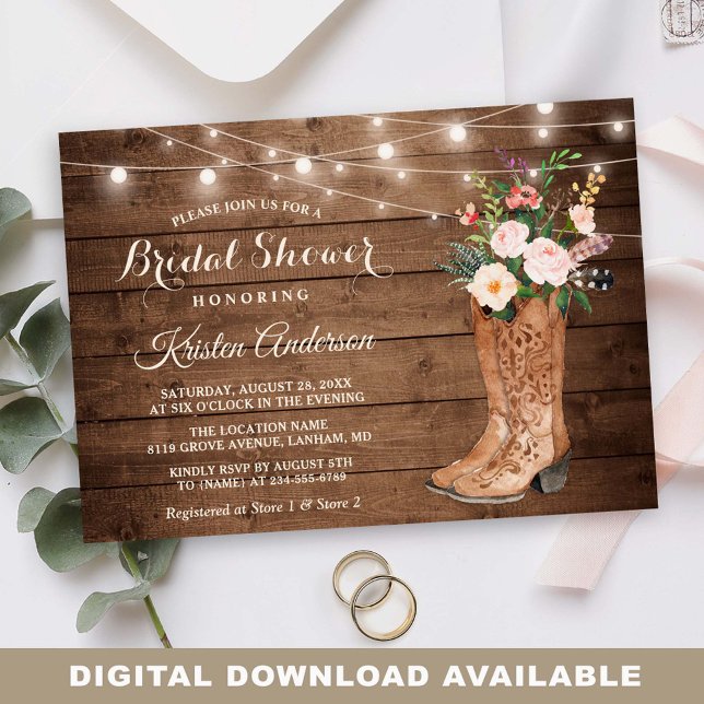 Rustika Bröllopsstövlar Blommig Strängbelysning Br Inbjudningar (Perfect for anyone planning a rustic-themed bridal shower filled with joy and love.)