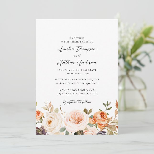 Rustika bruna orange botaniska blommor bröllop inbjudningar (Stående Fram)
