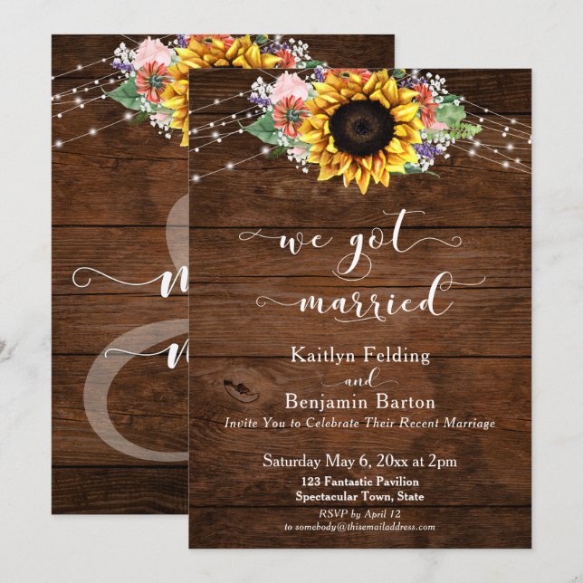 Rustika Bruna Trä Solsickle Lampor Vi Gift Oss Inbjudningar (Fram/baksida)