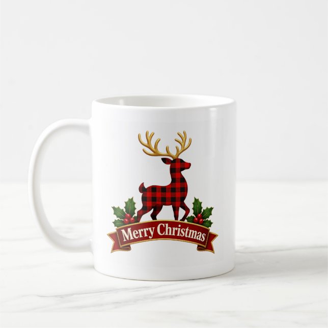 Rustika Bufalo-rutig Gläd dig julen Ren Kaffemugg (Vänster)