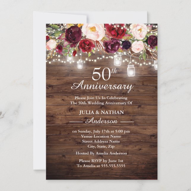Rustika Burgunder Blommiga Ljusslingor 50-årsjubil Inbjudningar (Framsida)