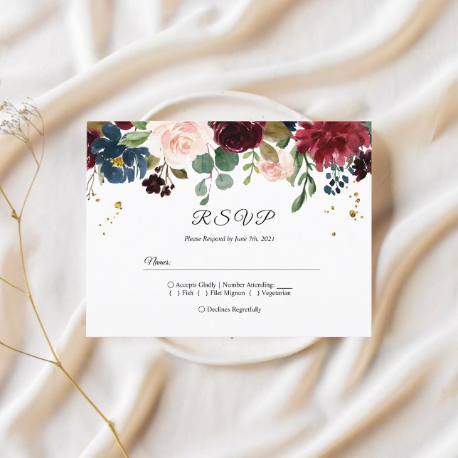 Rustika Burgundy Marinblå & Röda Skönhetsblommor  Inbjudan Vykort (Skapare uppladdad)