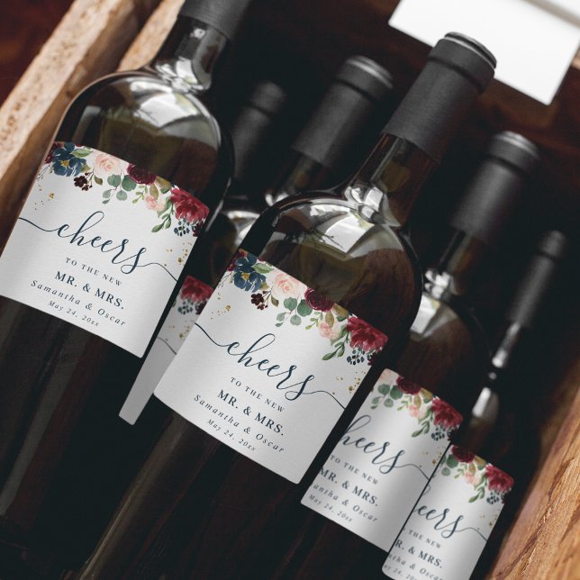 Rustika Burgundy Marinblå & Röda Skönhetsblommor  Vinflaska Etikett (Skapare uppladdad)